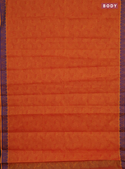 Coimbatore cotton saree dual shade of sunset orange and blue with allover self emboss and thread woven border