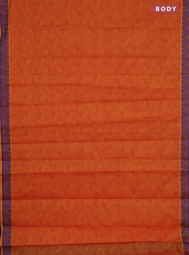 Coimbatore cotton saree dual shade of sunset orange and blue with allover self emboss and thread woven border