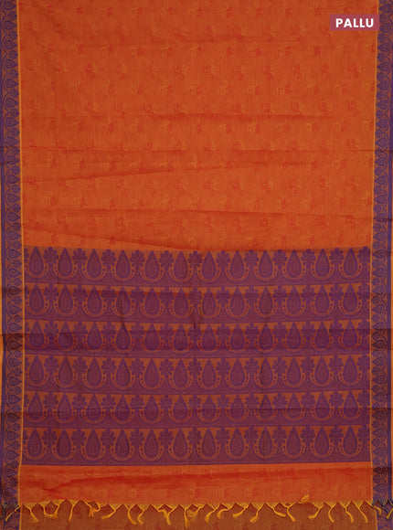 Coimbatore cotton saree dual shade of sunset orange and blue with allover self emboss and thread woven border