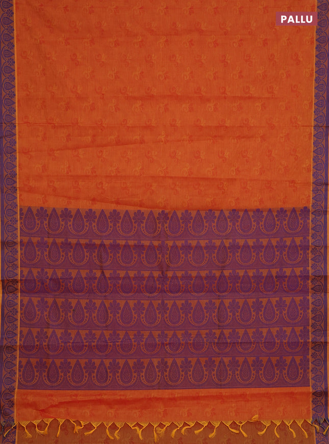 Coimbatore cotton saree dual shade of sunset orange and blue with allover self emboss and thread woven border