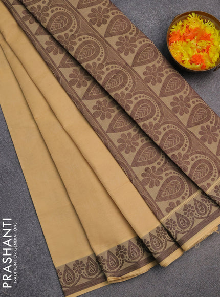 Coimbatore cotton saree sandal and coffee brown with allover self emboss and thread woven border