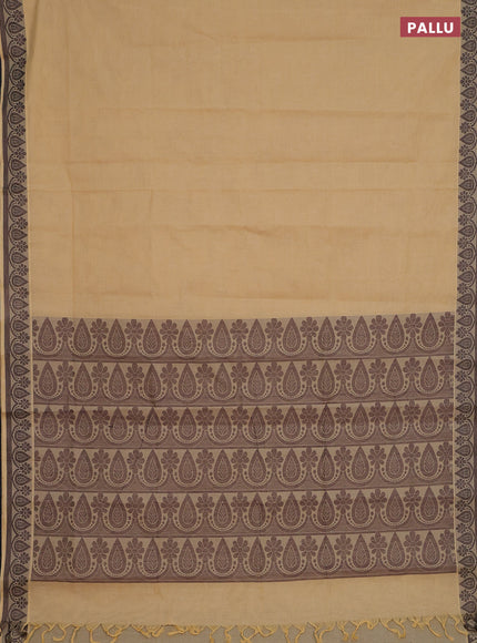 Coimbatore cotton saree sandal and coffee brown with allover self emboss and thread woven border