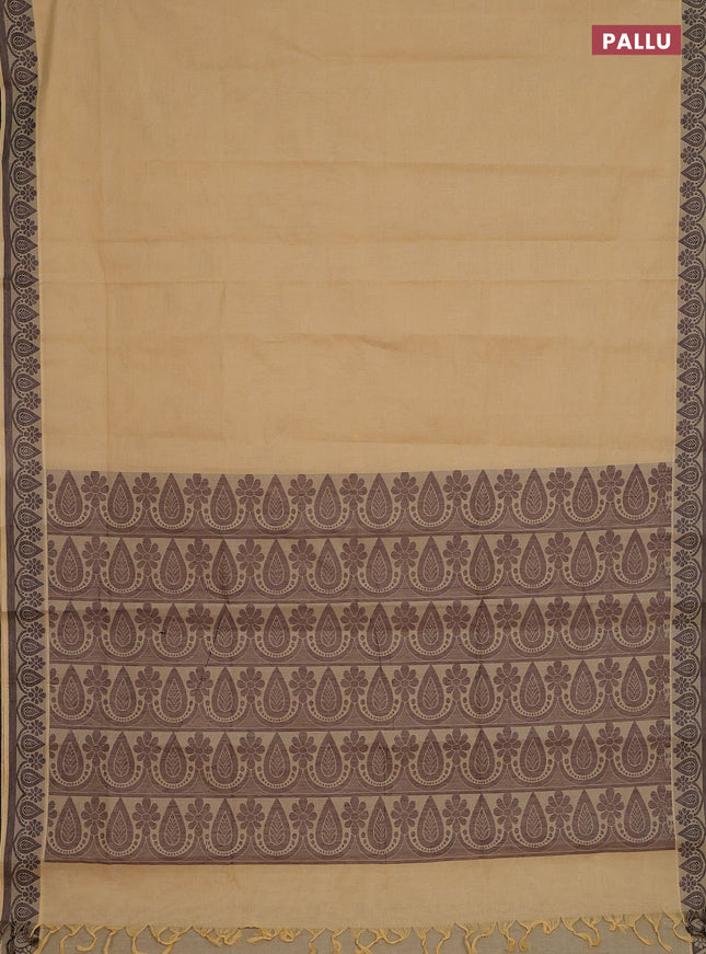 Coimbatore cotton saree sandal and coffee brown with allover self emboss and thread woven border