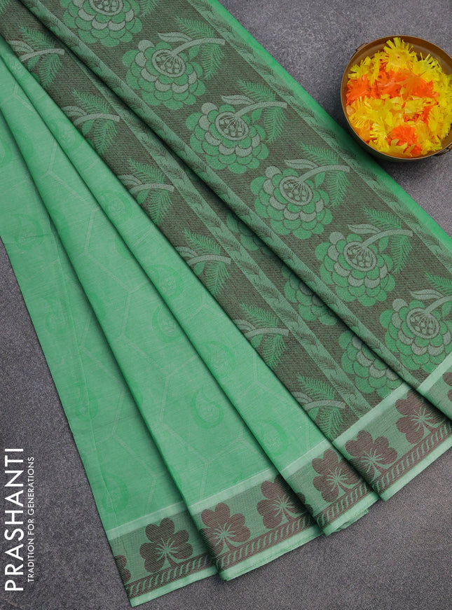 Coimbatore cotton saree green and deep maroon with allover self emboss and thread woven border