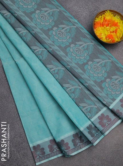 Coimbatore cotton saree teal blue and deep maroon with allover self emboss and thread woven border