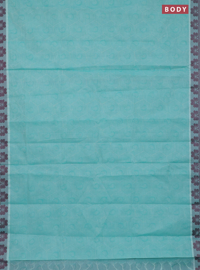 Coimbatore cotton saree teal blue and deep maroon with allover self emboss and thread woven border