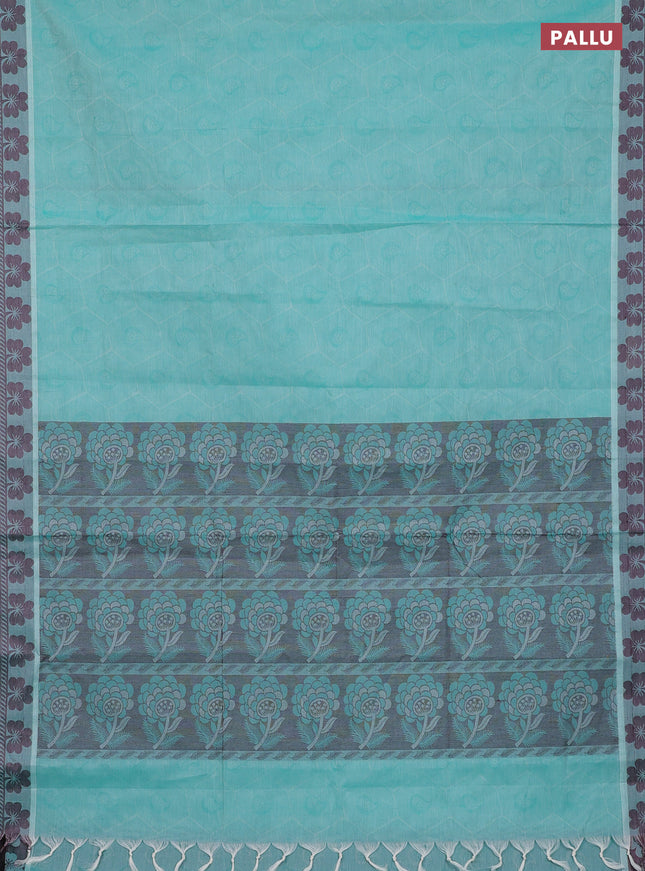 Coimbatore cotton saree teal blue and deep maroon with allover self emboss and thread woven border