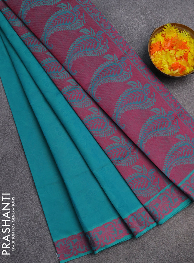 Coimbatore cotton saree teal blue and pink with allover self emboss and thread woven border