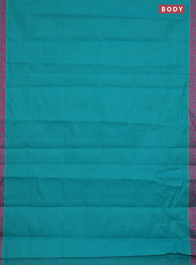 Coimbatore cotton saree teal blue and pink with allover self emboss and thread woven border