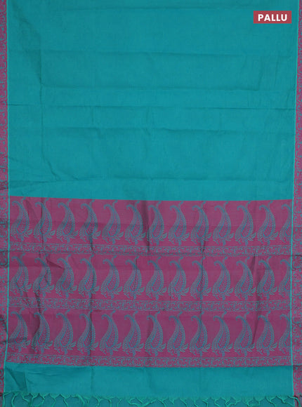 Coimbatore cotton saree teal blue and pink with allover self emboss and thread woven border