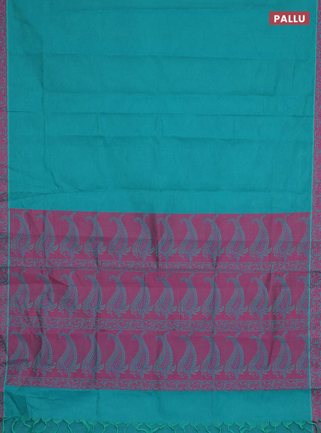 Coimbatore cotton saree teal blue and pink with allover self emboss and thread woven border