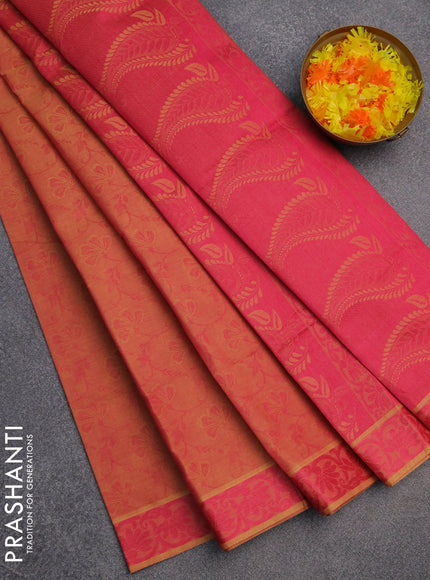 Coimbatore cotton saree dual shade of pinkish yellow and pink with allover self emboss and thread woven border