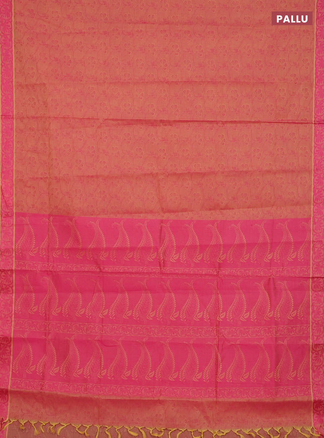 Coimbatore cotton saree dual shade of pinkish yellow and pink with allover self emboss and thread woven border