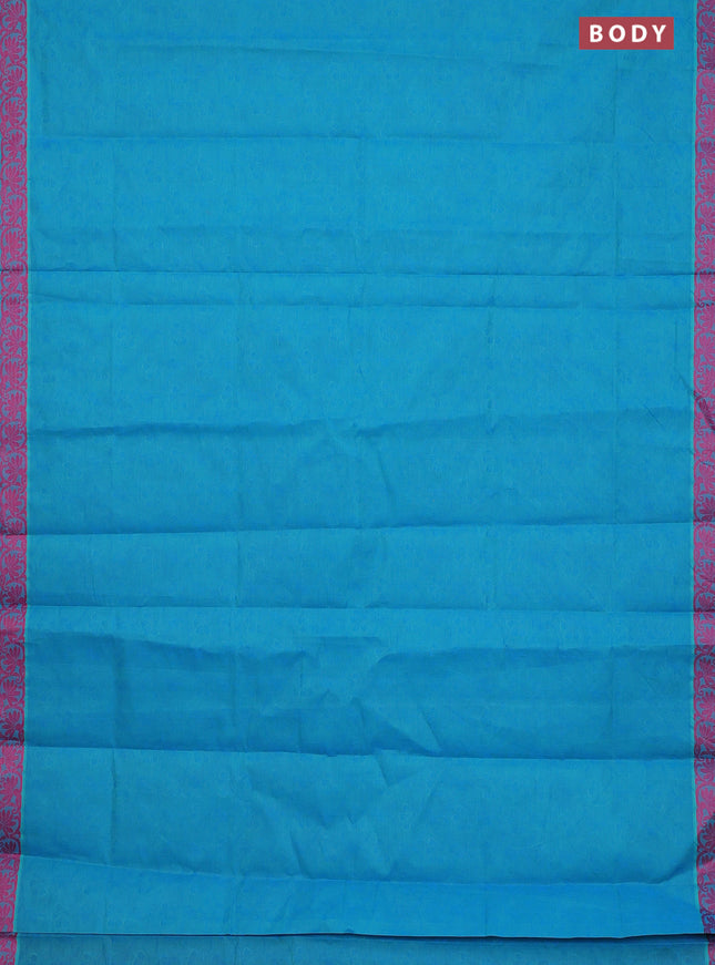 Coimbatore cotton saree teal blue and pink with allover self emboss and thread woven border