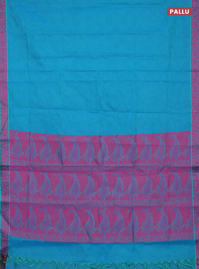 Coimbatore cotton saree teal blue and pink with allover self emboss and thread woven border