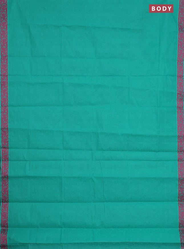 Coimbatore cotton saree teal green and pink with allover self emboss and thread woven border