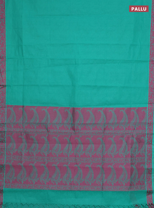 Coimbatore cotton saree teal green and pink with allover self emboss and thread woven border