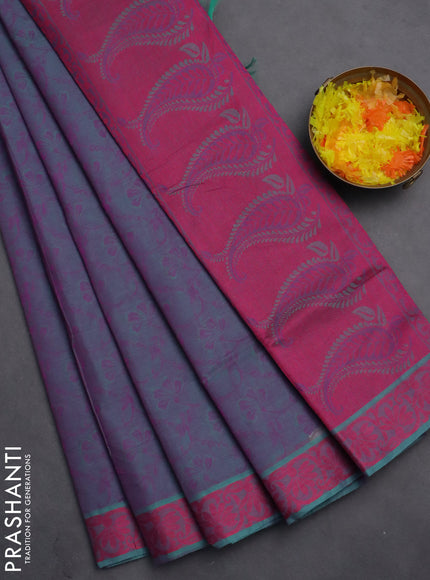 Coimbatore cotton saree dual shade of bluish purple and pink with allover self emboss and thread woven border