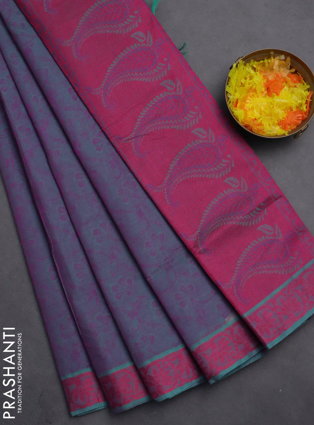 Coimbatore cotton saree dual shade of bluish purple and pink with allover self emboss and thread woven border