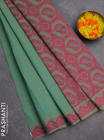 Coimbatore cotton saree dual shade of teal blue and pink with allover self emboss and thread woven border
