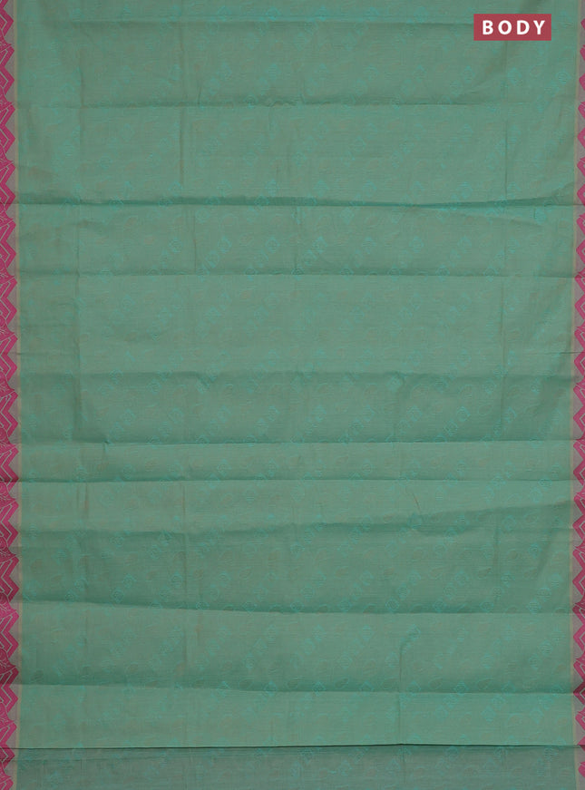 Coimbatore cotton saree dual shade of teal blue and pink with allover self emboss and thread woven border