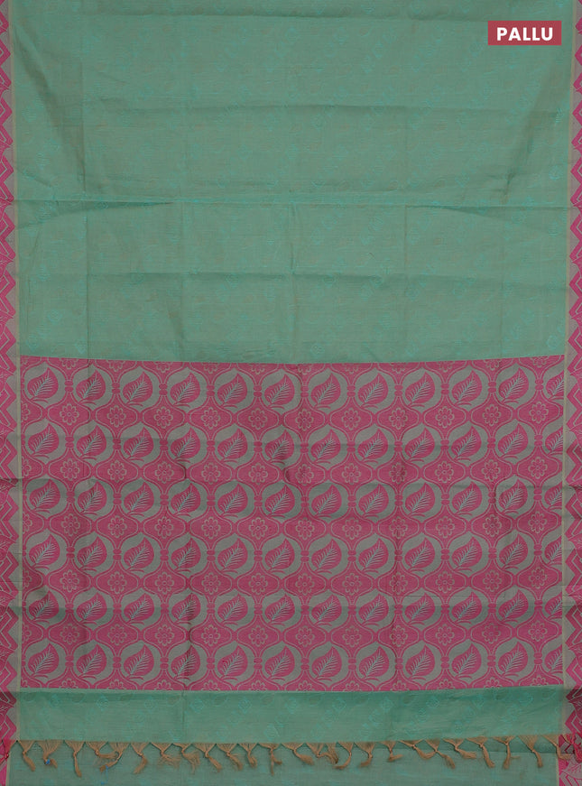 Coimbatore cotton saree dual shade of teal blue and pink with allover self emboss and thread woven border