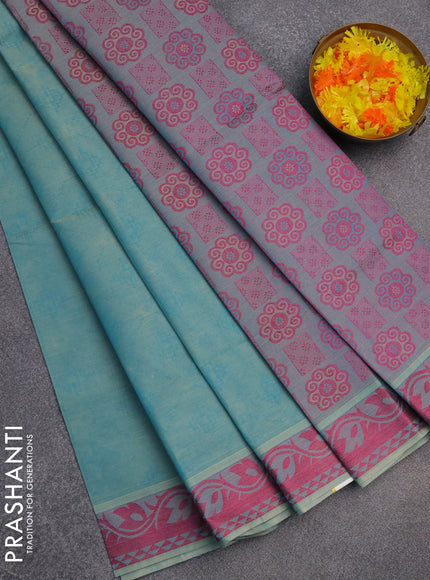 Coimbatore cotton saree teal blue shade and pink with allover self emboss and thread woven border