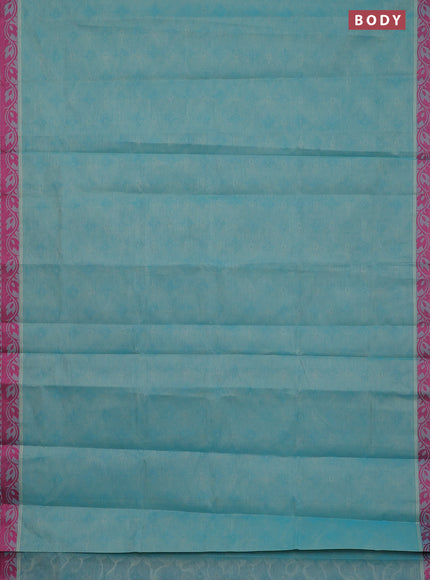 Coimbatore cotton saree teal blue shade and pink with allover self emboss and thread woven border