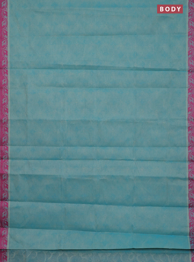 Coimbatore cotton saree teal blue shade and pink with allover self emboss and thread woven border