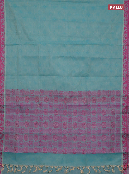 Coimbatore cotton saree teal blue shade and pink with allover self emboss and thread woven border