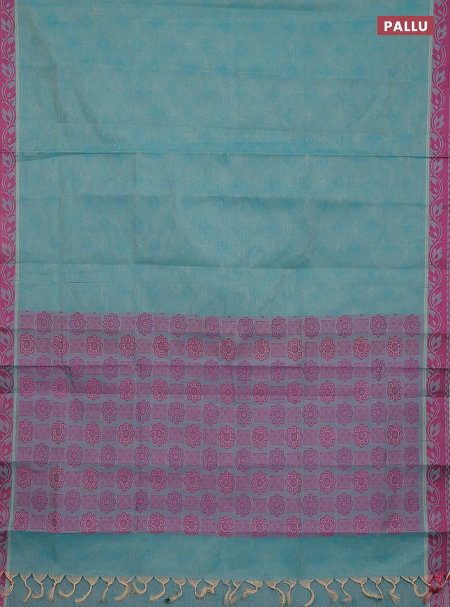 Coimbatore cotton saree teal blue shade and pink with allover self emboss and thread woven border