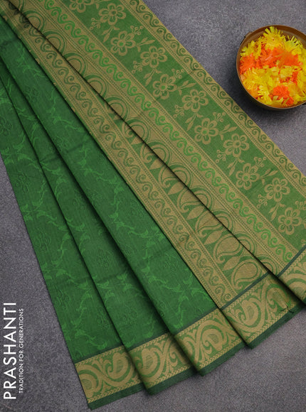 Coimbatore cotton saree green and sandal with allover self emboss and thread woven border