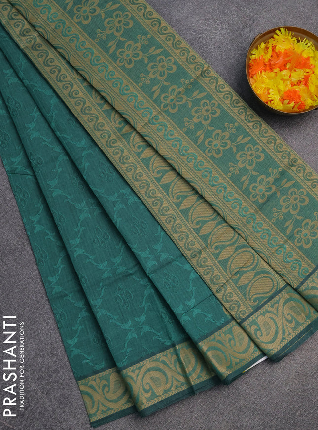Coimbatore cotton saree teal green shade and sandal with allover self emboss and thread woven border