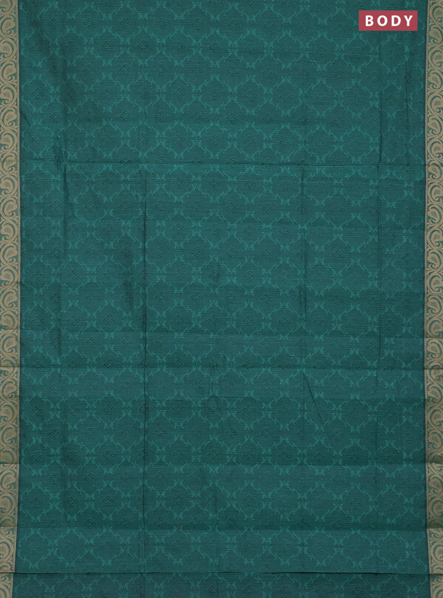 Coimbatore cotton saree teal green shade and sandal with allover self emboss and thread woven border