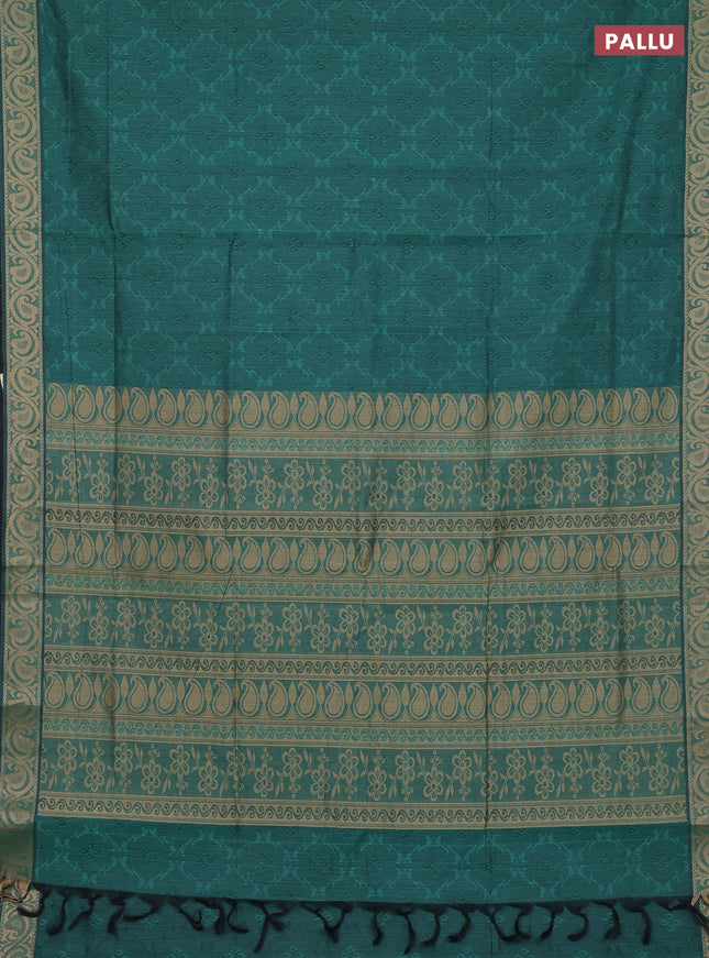 Coimbatore cotton saree teal green shade and sandal with allover self emboss and thread woven border