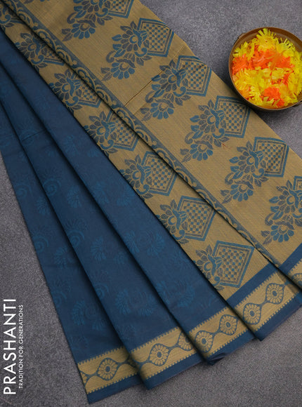 Coimbatore cotton saree peacock blue and sandal with allover self emboss and thread woven border