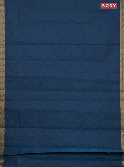 Coimbatore cotton saree peacock blue and sandal with allover self emboss and thread woven border