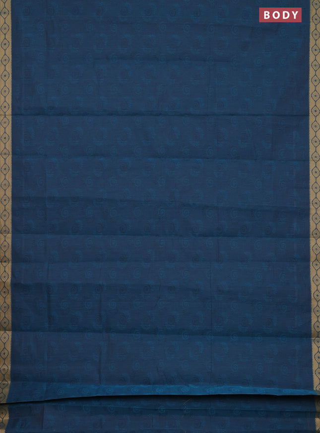 Coimbatore cotton saree peacock blue and sandal with allover self emboss and thread woven border