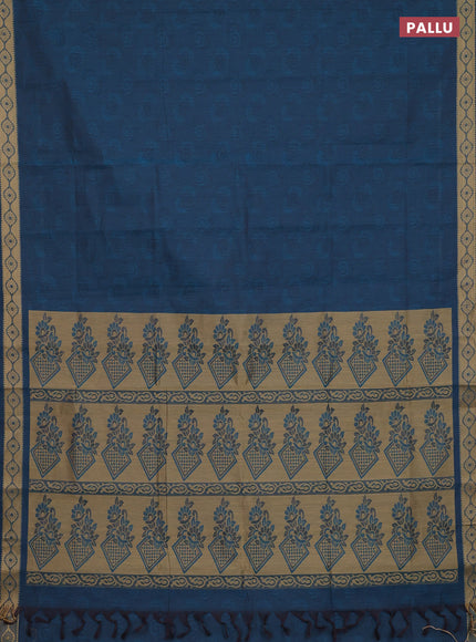 Coimbatore cotton saree peacock blue and sandal with allover self emboss and thread woven border
