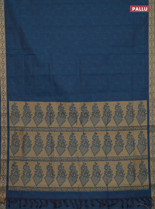 Coimbatore cotton saree peacock blue and sandal with allover self emboss and thread woven border