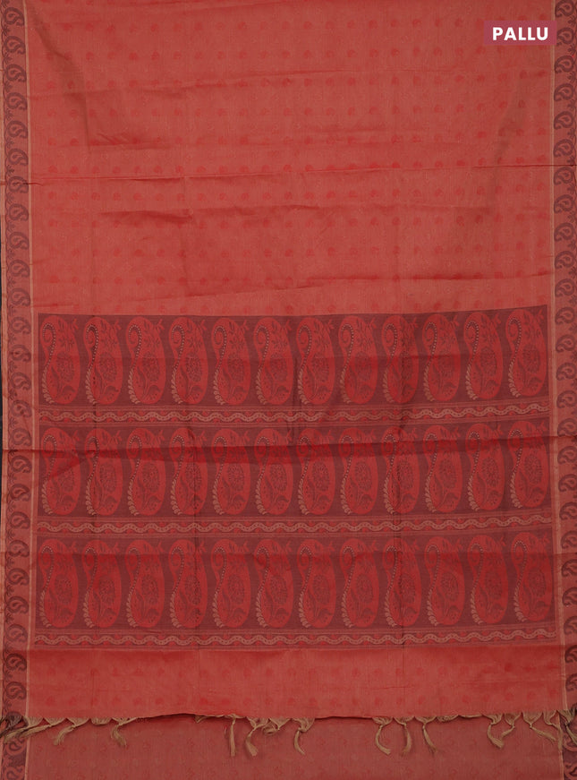 Coimbatore cotton saree rustic orange with allover self emboss and thread woven border