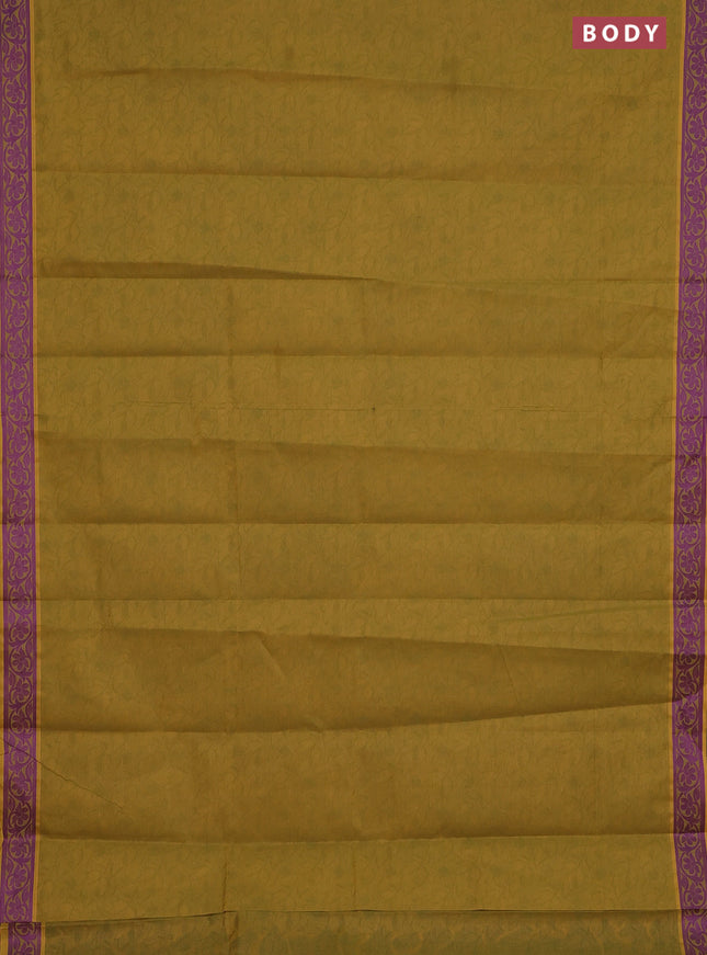Coimbatore cotton saree mustard green and purple with allover self emboss and thread woven border