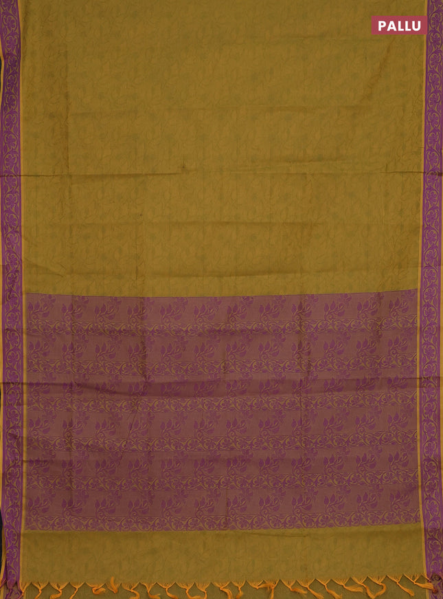 Coimbatore cotton saree mustard green and purple with allover self emboss and thread woven border