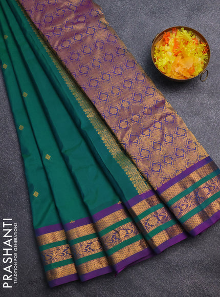 Gadwal silk cotton saree dual shade of green and purple with zari woven paisley buttas and zari woven border