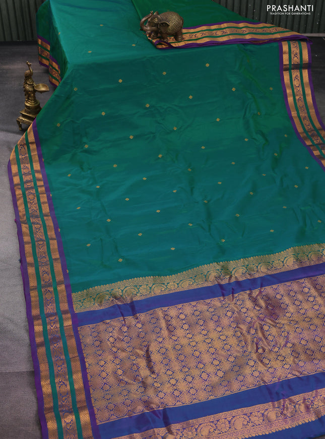 Gadwal silk cotton saree dual shade of green and purple with zari woven paisley buttas and zari woven border
