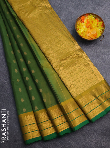 Gadwal silk cotton saree sap green and green mustard yellow with zari woven buttas and zari woven border