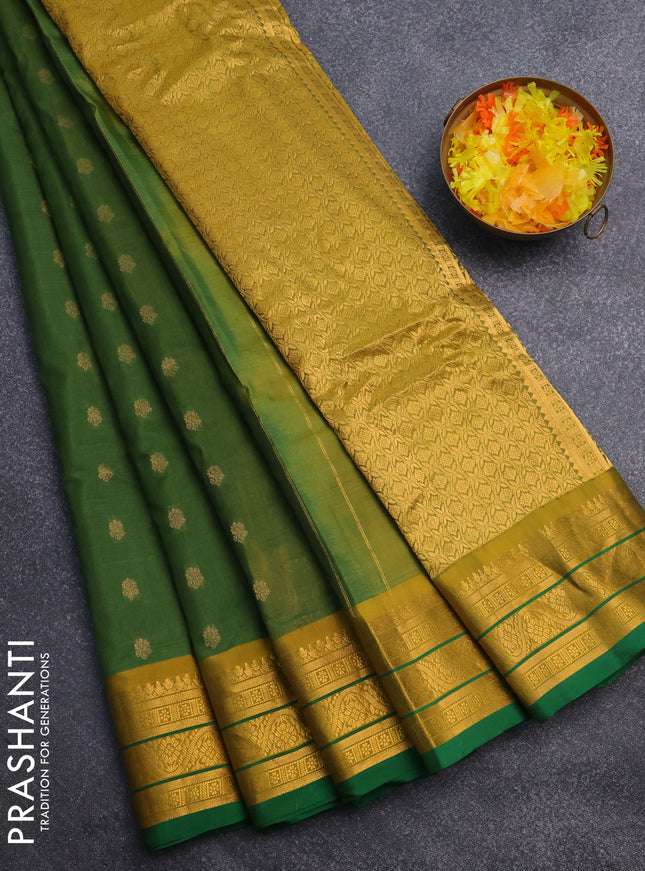 Gadwal silk cotton saree sap green and green mustard yellow with zari woven buttas and zari woven border