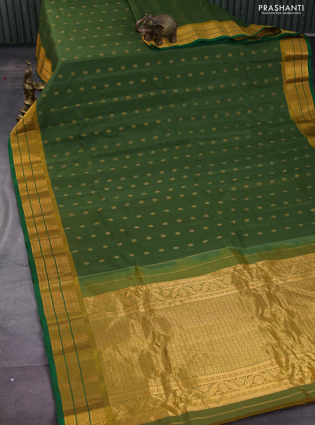 Gadwal silk cotton saree sap green and green mustard yellow with zari woven buttas and zari woven border