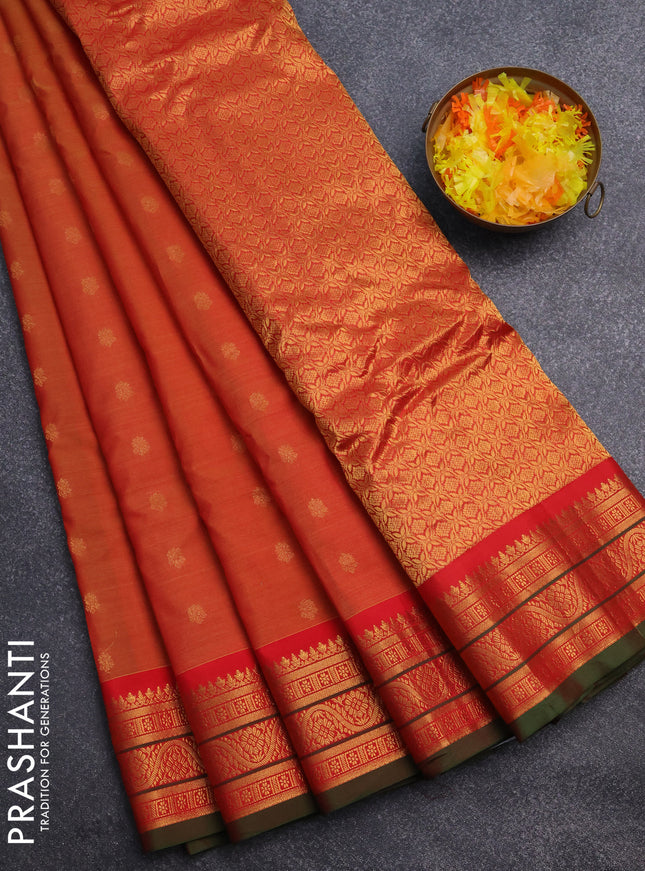 Gadwal silk cotton saree sunset orange and red green with zari woven buttas and zari woven border