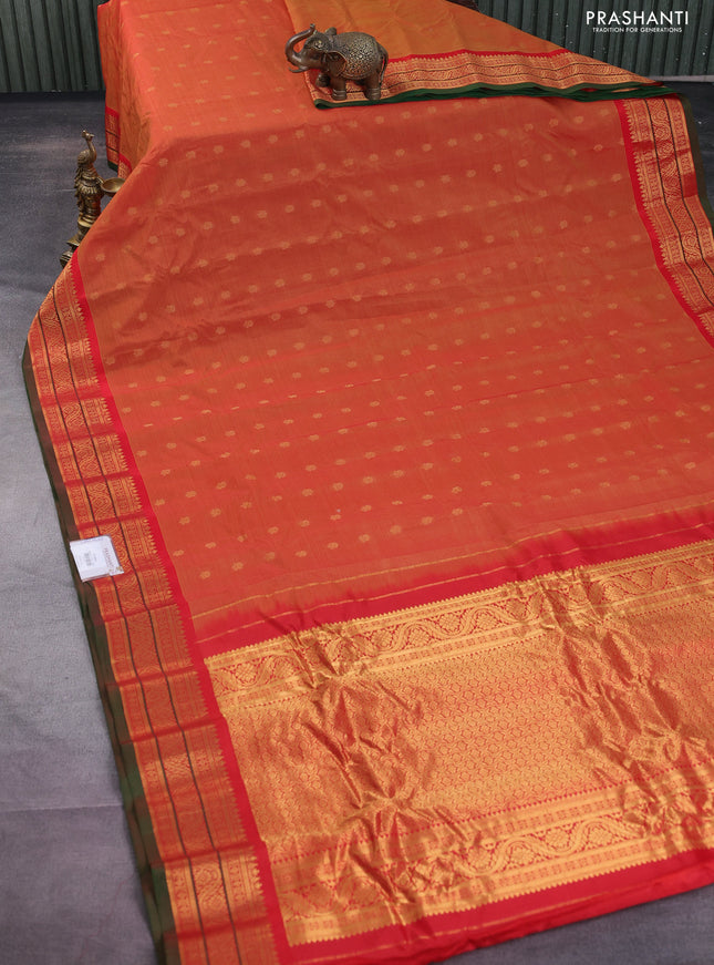 Gadwal silk cotton saree sunset orange and red green with zari woven buttas and zari woven border